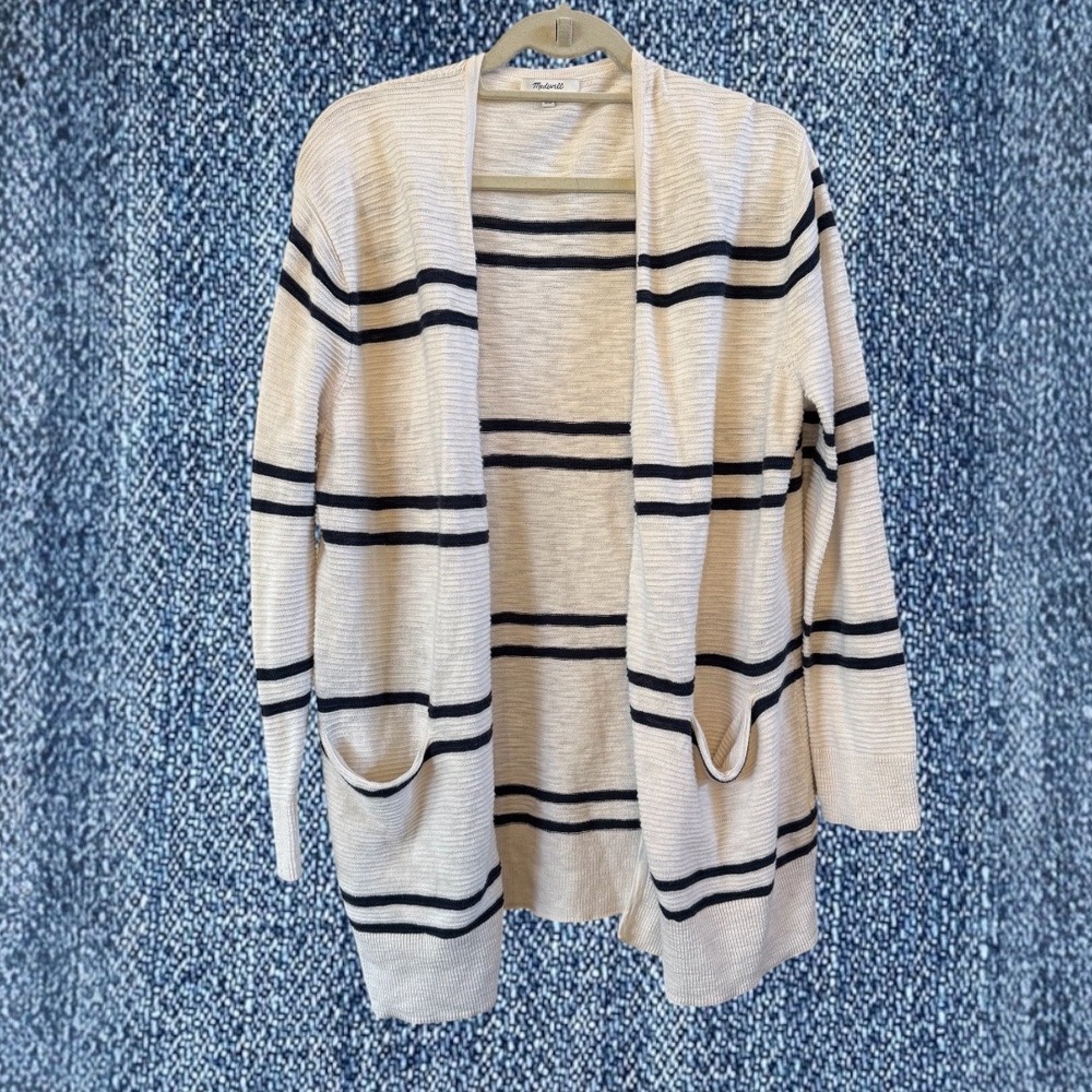 Madewell Classic Striped Cream & Navy Cotton Blend Long‎ Open Cardigan L Sweater